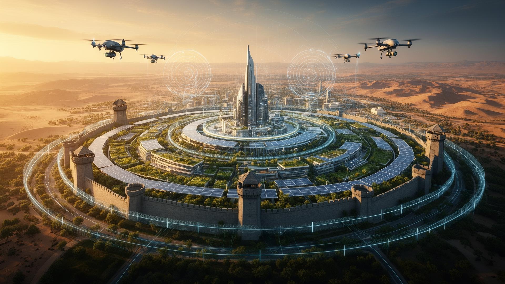 Aerial render of Defense City at golden hour: a fortified circular core with concentric defense walls, watchtowers, solar-paneled green rooftops and autonomous patrol drones in formation overhead.