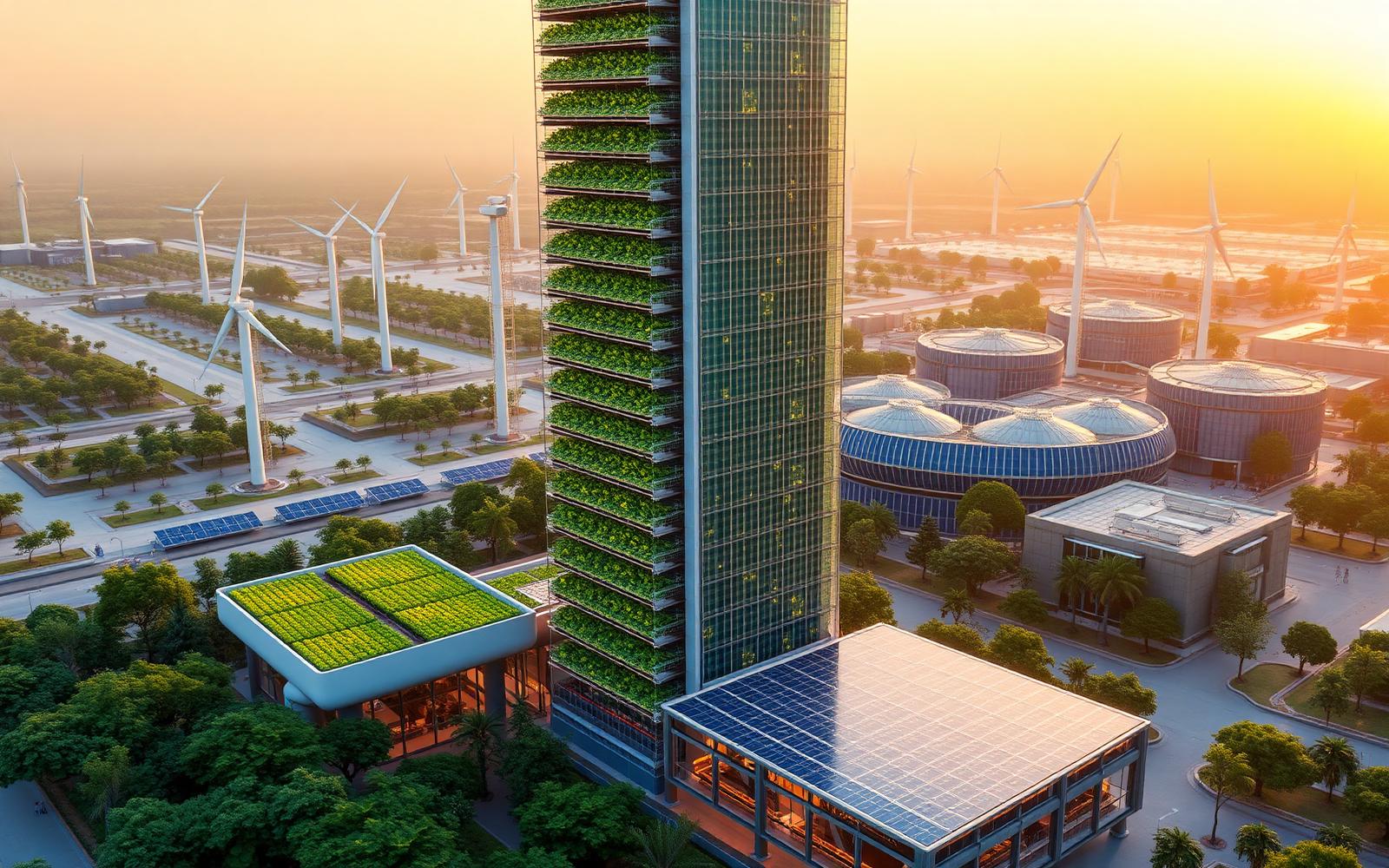 Multi-tier vertical farm illuminated at night beside rows of solar panels and renewable energy infrastructure feeding the city grid.